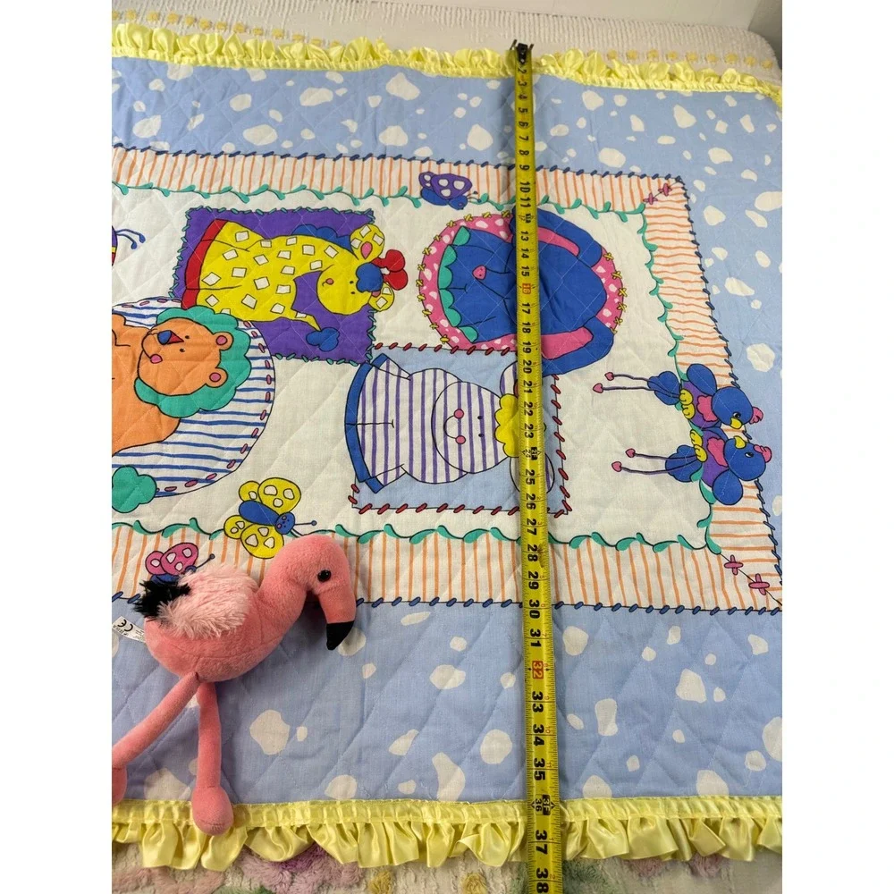 Vintage Quilted Baby Blanket Animals Elephant Lion Giraffe Yellow Satin Ruffle